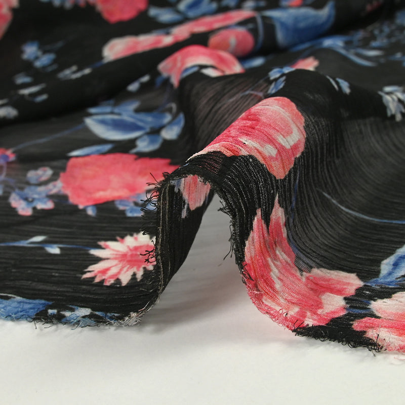 Mousseline imprimée crinkle le temps des roses fond noir