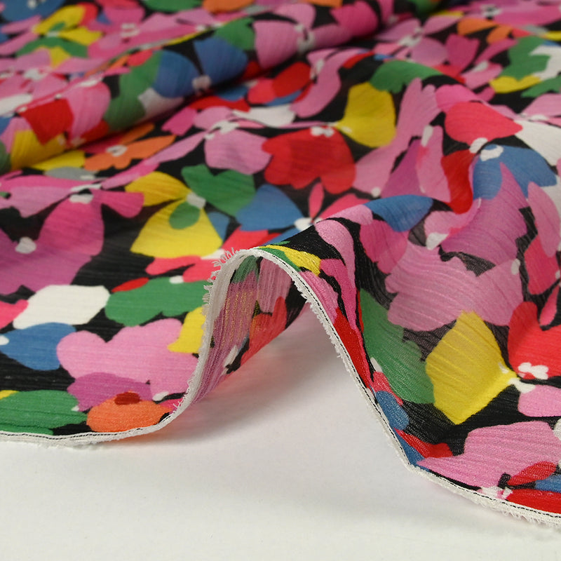 Mousseline imprimée crinkle fiesta florale fond noir