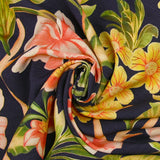 Lin viscose imprimé champs de fleurs fond bleu indigo