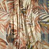 Polycotton veil printed frieze and blue palm trees and brick ecru background