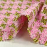 Tweed de polyester chenille pied-de-poule rose et vert