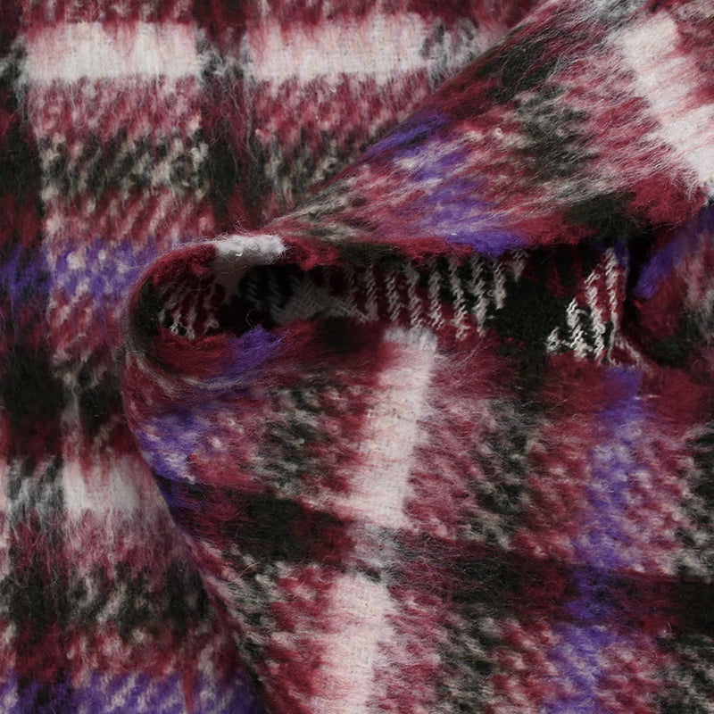 Laine mélangée brossée à poils longs carreaux prune, violet et vert foncé