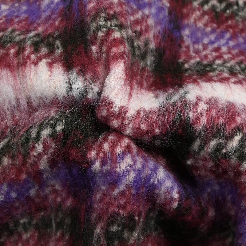 Laine mélangée brossée à poils longs carreaux prune, violet et vert foncé