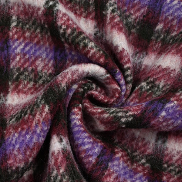 Laine mélangée brossée à poils longs carreaux prune, violet et vert foncé