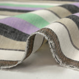 Lin viscose rayé vert d'eau, mauve et grège fond blanc cassé