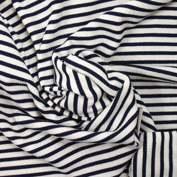 Jersey viscose côtelé marine et blanc cassé