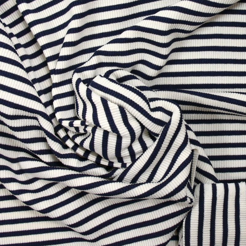 Jersey viscose côtelé marine et blanc cassé