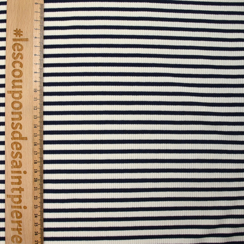 Jersey viscose côtelé marine et blanc cassé