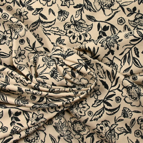 Jersey de coton imprimé fleurs Rocknoll fond beige