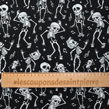 Coton imprimé Squelettes Rock’n’Roll blanc fond noir