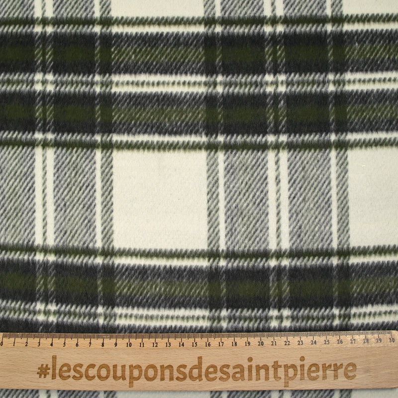 Lainage polyester brossé à carreaux vert foncé et anthracite fond écru