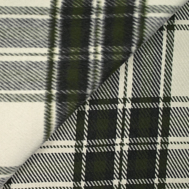 Lainage polyester brossé à carreaux vert foncé et anthracite fond écru