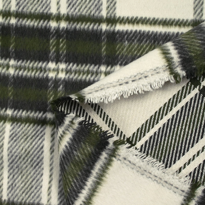 Lainage polyester brossé à carreaux vert foncé et anthracite fond écru