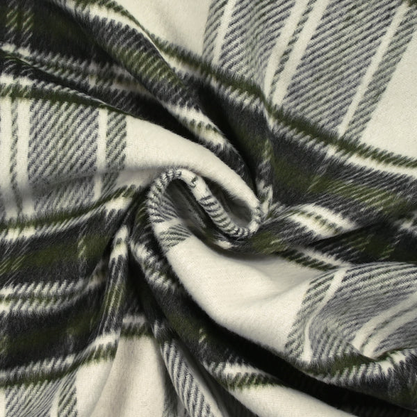 Lainage polyester brossé à carreaux vert foncé et anthracite fond écru