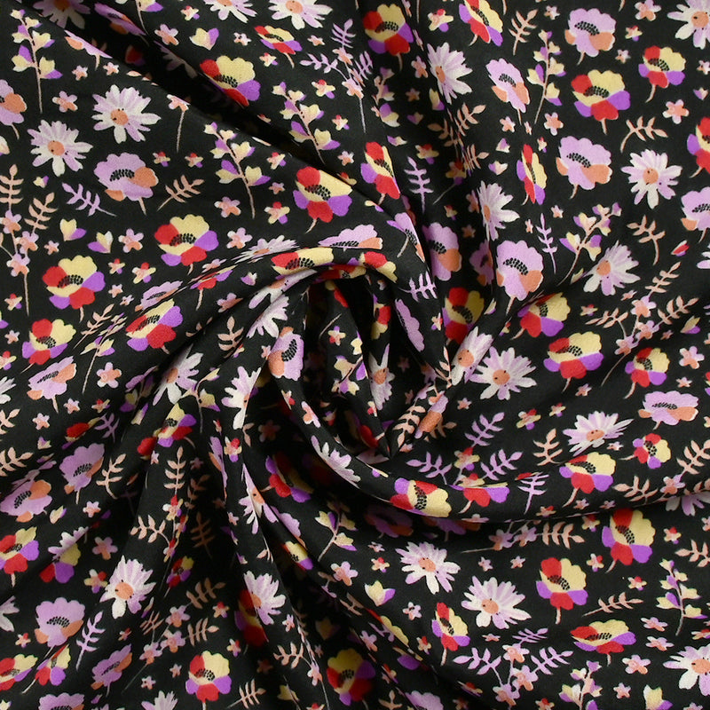 Microfibre imprimée envole-toi violet et rouge fond noir