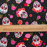 Coton imprimé día de los muertos fond noir