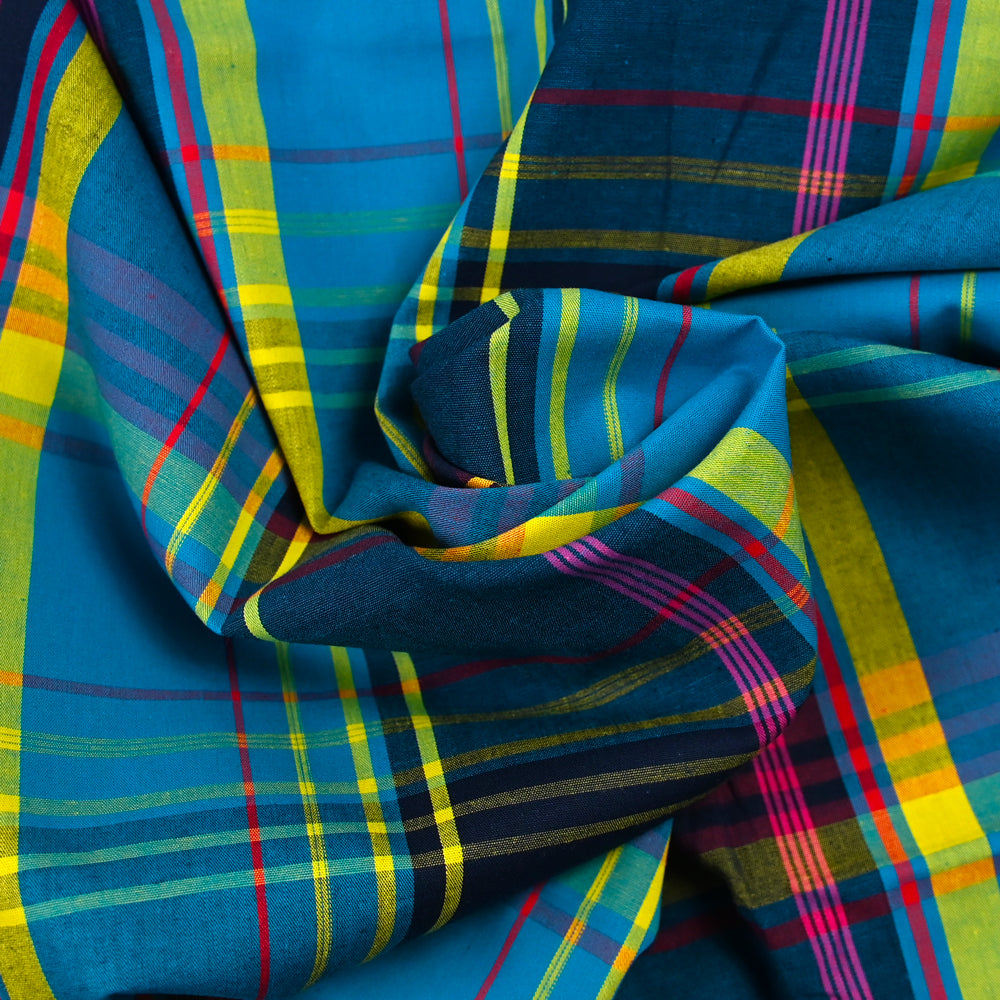Tissu Voile De Soie 100% Imprimé Madras - Jaune Et Bleu - Largeur 1,50m - 40 Mètres