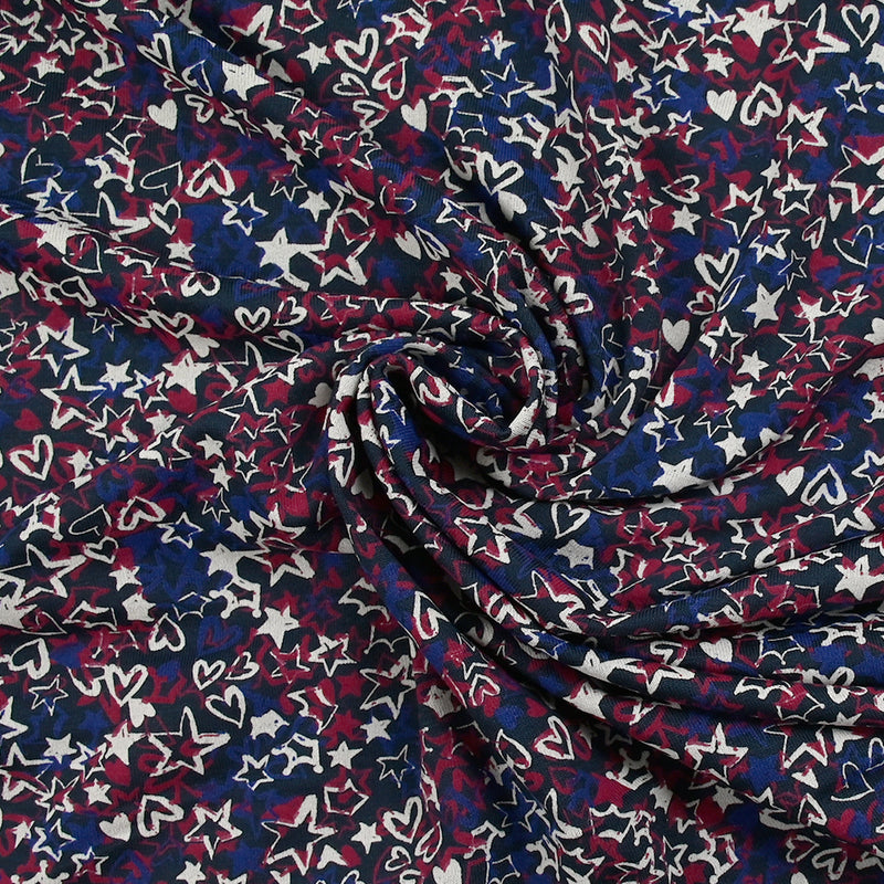 Jersey de viscosa con estampado graffiti índigo y frambuesa, fondo azul medianoche