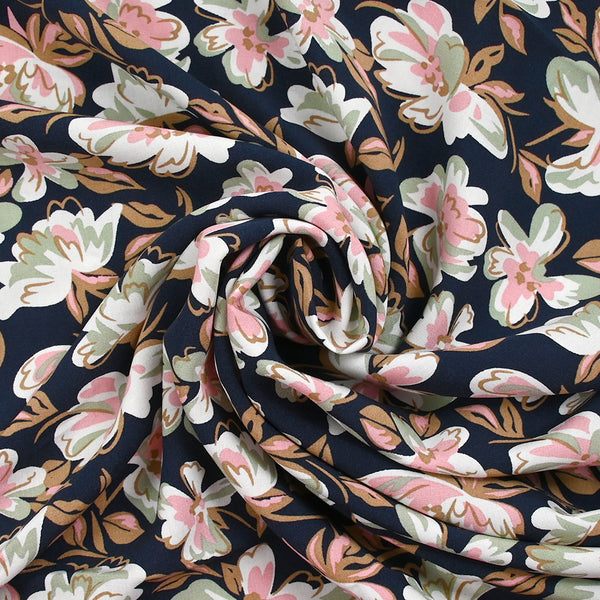 Viscose imprimée Azalée sauge et marron fond marine