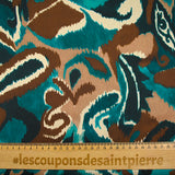Satin polyester imprimé vibration de cachemire marron et bleu canard