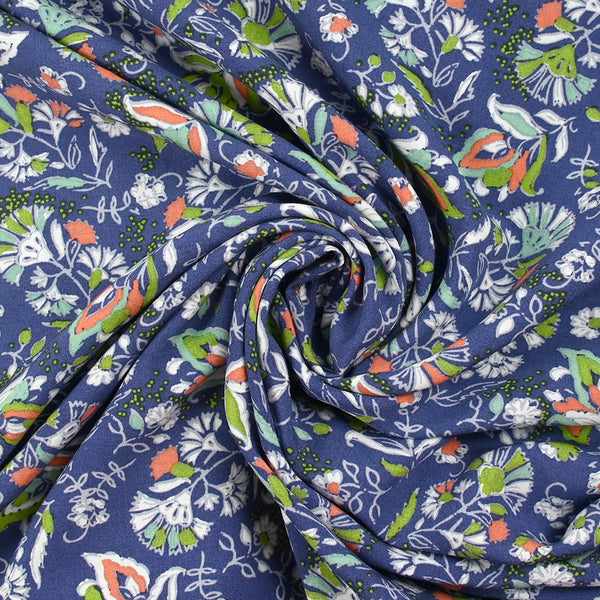 Viscose imprimée Floriane anis et orange fond bleu charrette