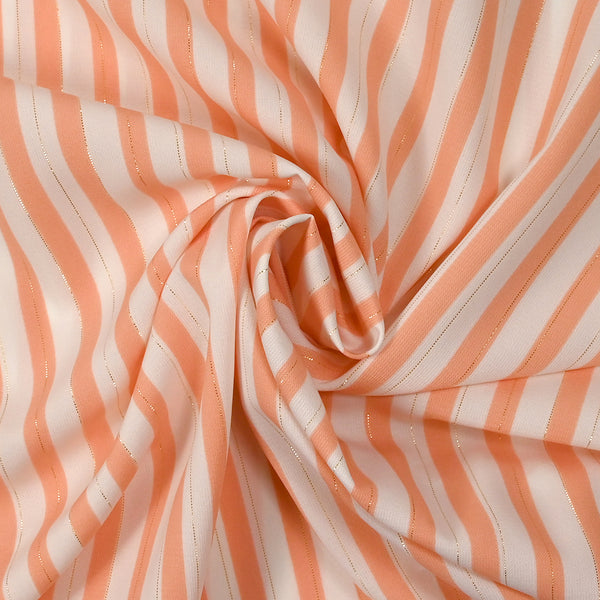 Microfibre imprimée polyester lurex à rayures 7 mm pêche et blanc