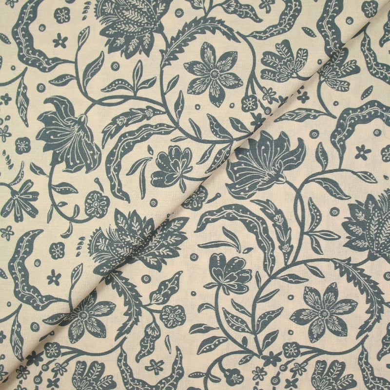 Coton indien imprimé Tirian bleu fond écru