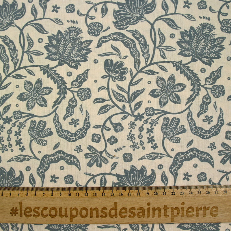Coton indien imprimé Tirian bleu fond écru
