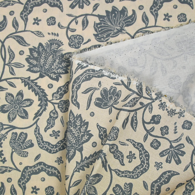 Coton indien imprimé Tirian bleu fond écru