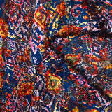 Printed muslin satin strip dawn dust yellow navy background