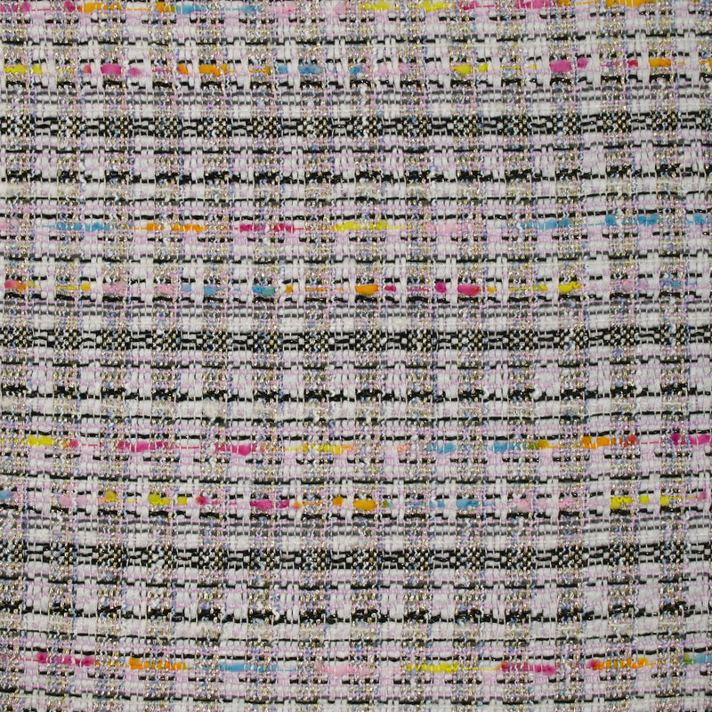 Tweed de polyester doré ligne multicolore fond blanc et rose clair
