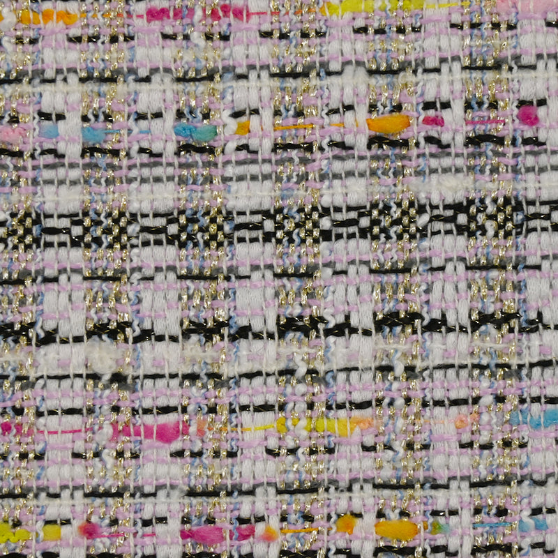 Tweed de polyester doré ligne multicolore fond blanc et rose clair