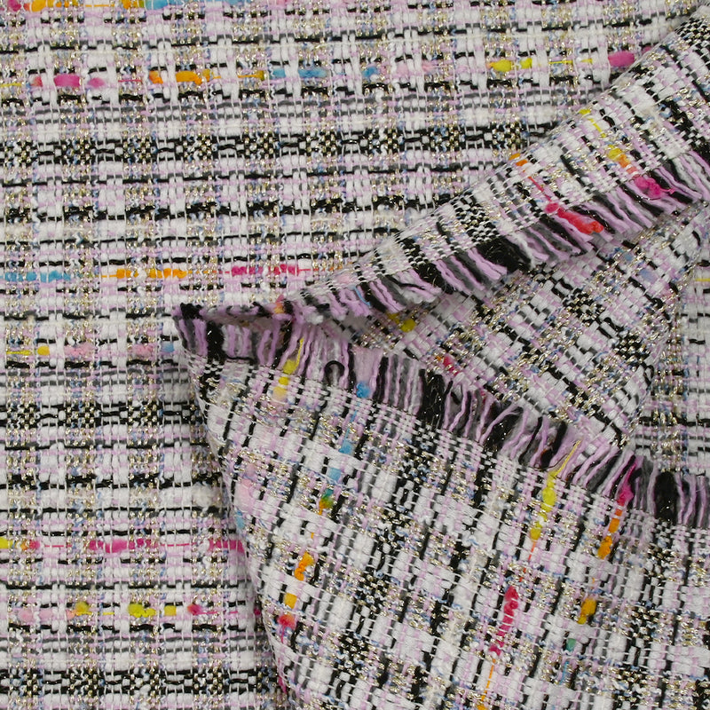 Tweed de polyester doré ligne multicolore fond blanc et rose clair