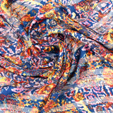 Printed muslin satin strip dawn dust yellow navy background