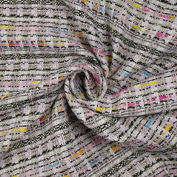 Tweed de polyester doré ligne multicolore fond blanc et rose clair