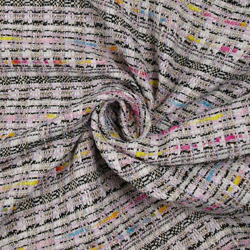 Tweed de polyester doré ligne multicolore fond blanc et rose clair