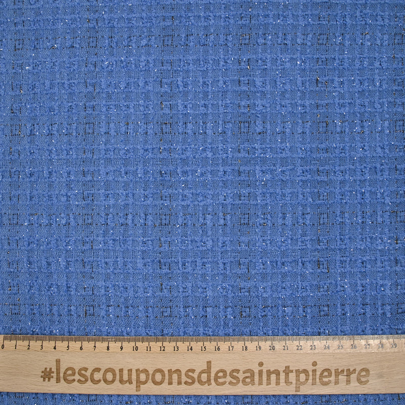 Tweed de polyester Lurex carreaux ligne noire fond bleu