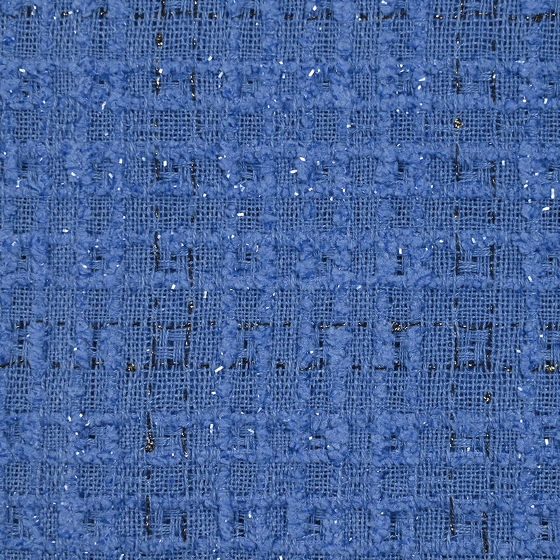 Tweed de polyester Lurex carreaux ligne noire fond bleu