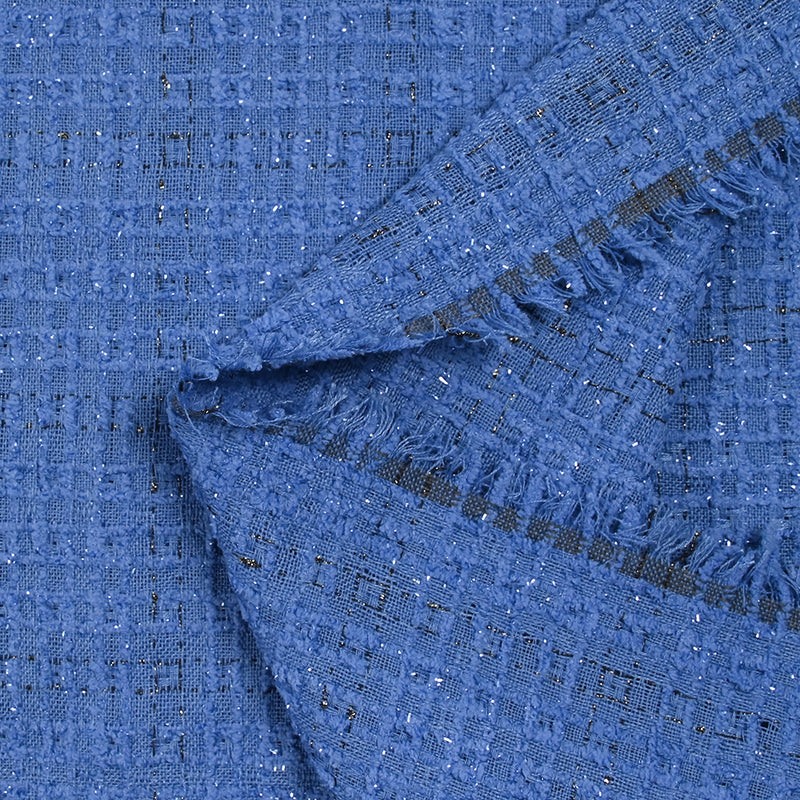 Tweed de polyester Lurex carreaux ligne noire fond bleu