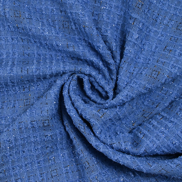 Tweed de polyester Lurex carreaux ligne noire fond bleu
