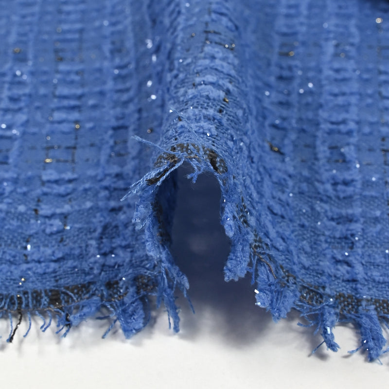 Tweed de polyester Lurex carreaux ligne noire fond bleu
