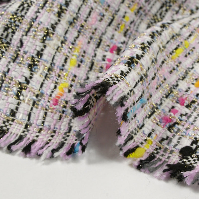 Tweed de polyester doré ligne multicolore fond blanc et rose clair