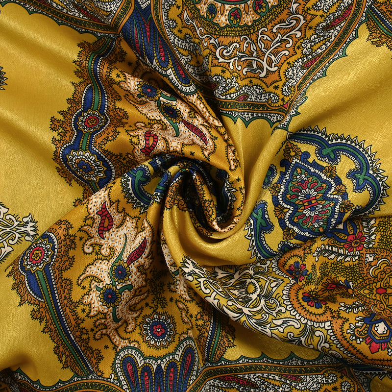 Satin de polyester mat imprimé symphonie florale fond ocre