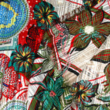 Muselina estampada con banda de raso floral rosa, verde agua y rojo