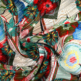 Muselina estampada con banda de raso floral rosa, verde agua y rojo