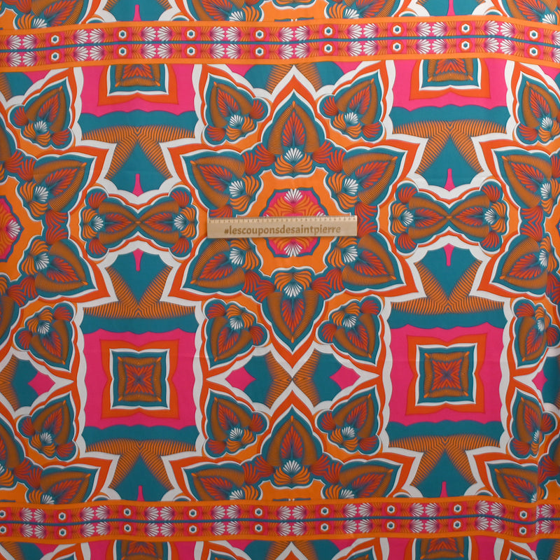 Orange, fuchsia and turquoise printed polyester