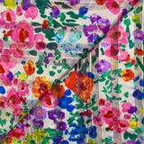 Banda de raso de muselina estampada Flora fondo blanco rosa, morado y verde