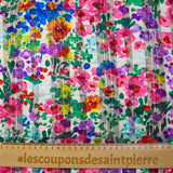 Banda de raso de muselina estampada Flora fondo blanco rosa, morado y verde