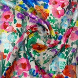 Banda de raso de muselina estampada Flora fondo blanco rosa, morado y verde