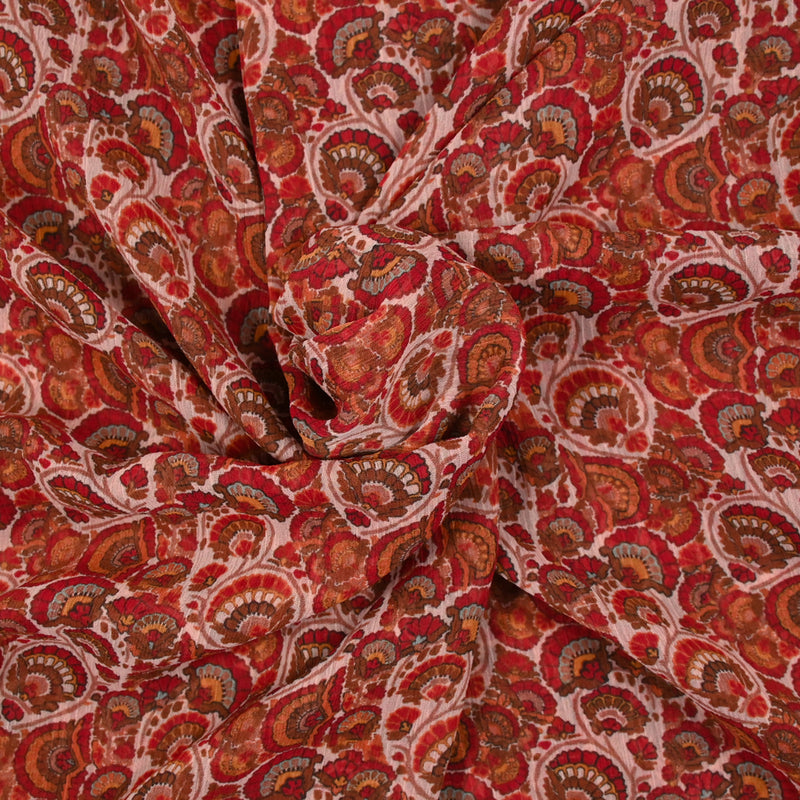 Mousseline crinkle polyester imprimé éventail brique